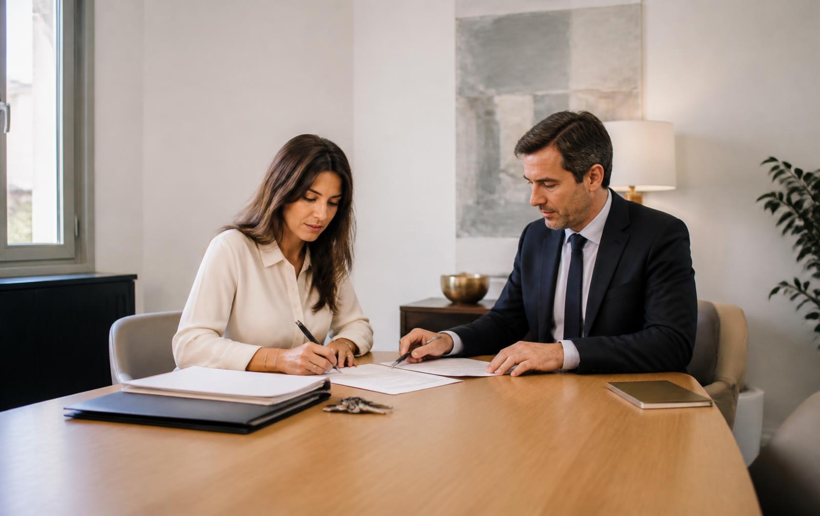 Une acheteuse signe les documents de son achat immobilier avec un notaire