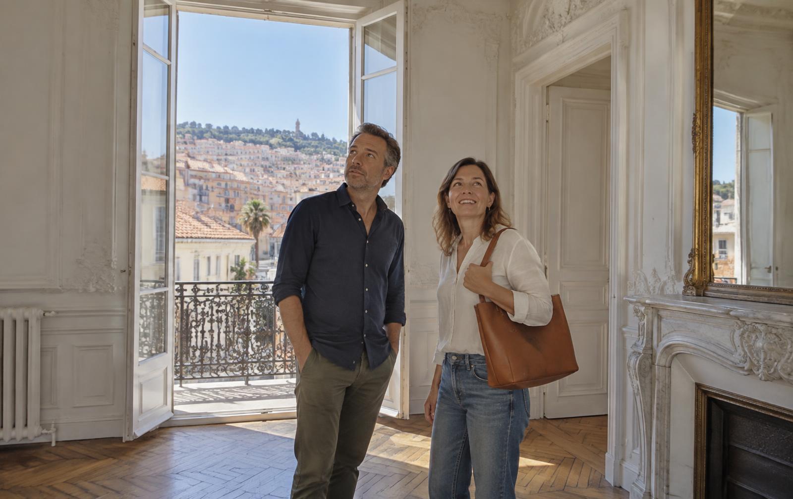 Couple visitant un appartement bourgeois lumineux à Nice avec balcon sur les toits