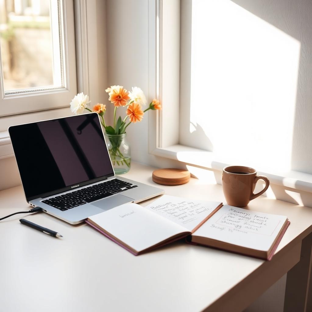 Bureau ensoleillé avec un cahier de budget et un ordinateur