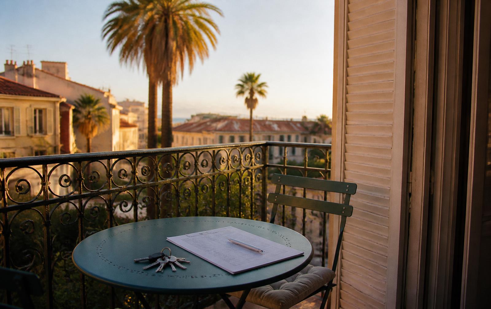 Keys and a rental inventory on a balcony table overlooking Riviera rooftops at sunset