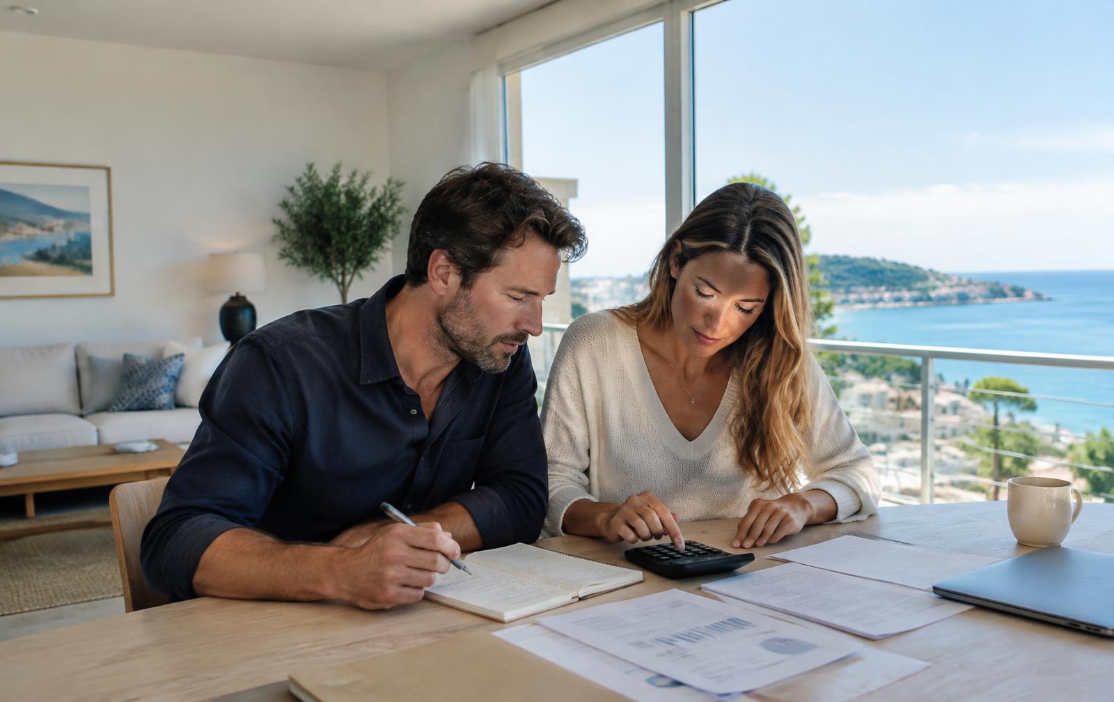 Couple calculant son budget immobilier avec une calculatrice et des documents financiers