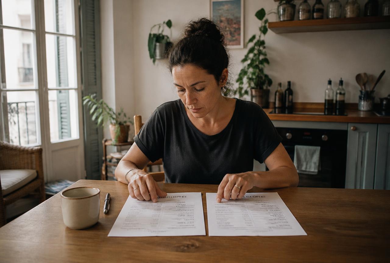 Femme comparant deux offres de prêt immobilier imprimées sur une table en bois, lumière naturelle
