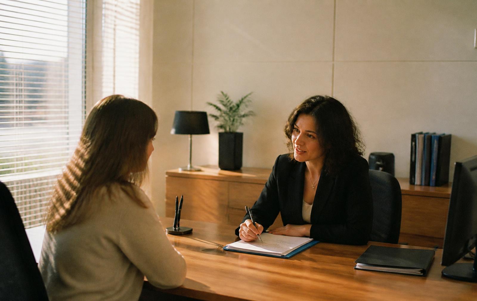 A mortgage adviser reviewing a client's loan file at a desk in a French bank