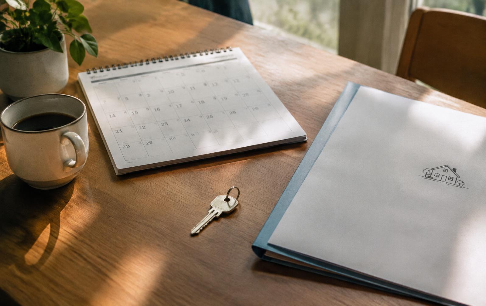 Desk with a calendar, a house key and a French property purchase folder
