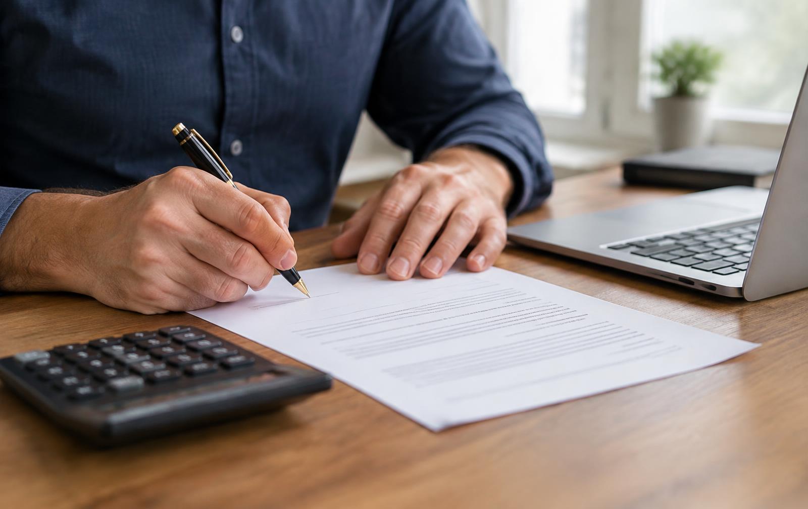 Client signant un mandat de courtage à côté d'une calculatrice et d'un ordinateur portable