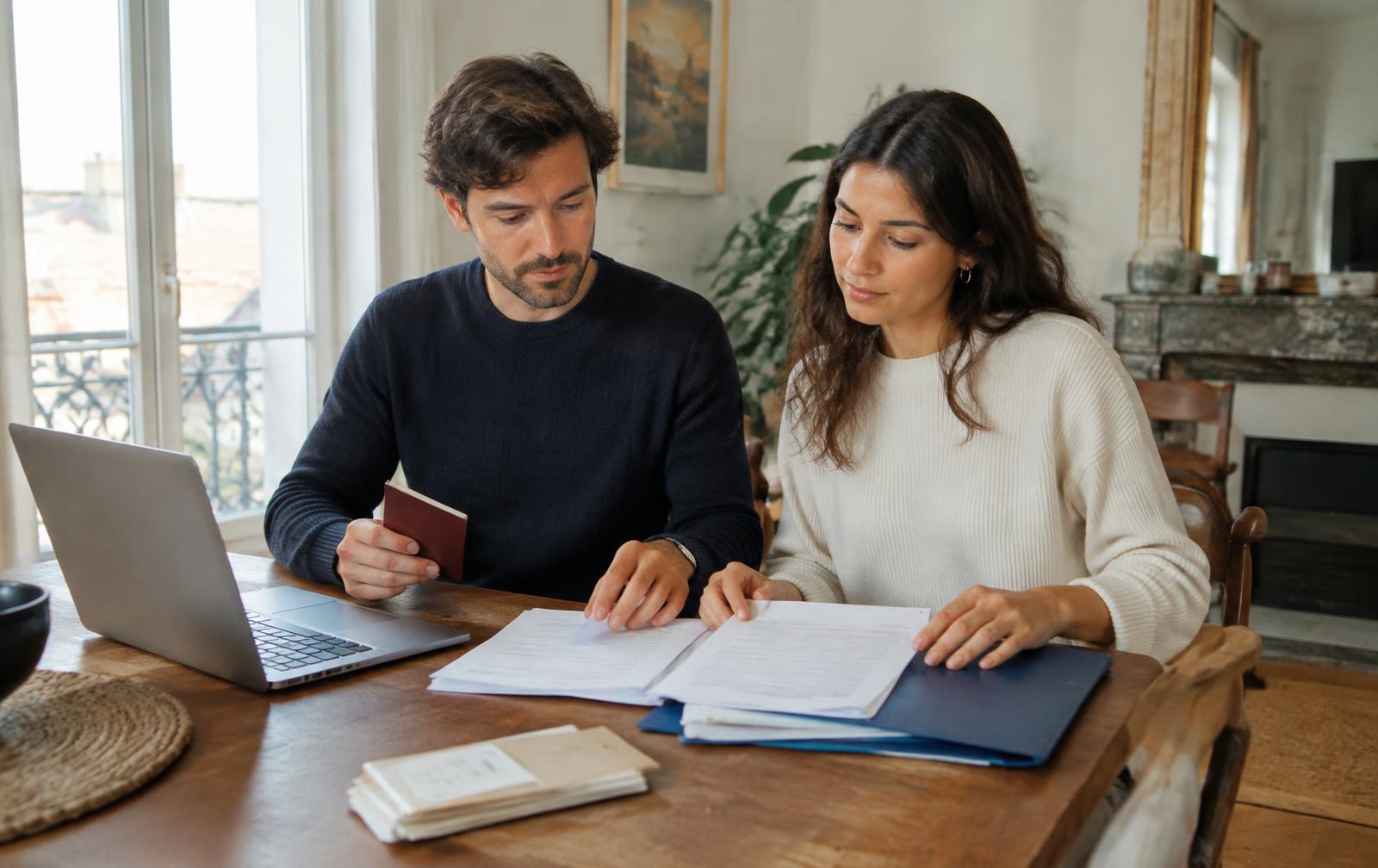 Overseas buyers preparing bank statements and identity documents for a French mortgage application