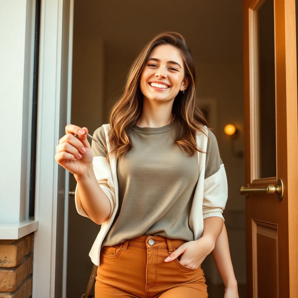 Femme souriante tenant les clés de son nouvel appartement