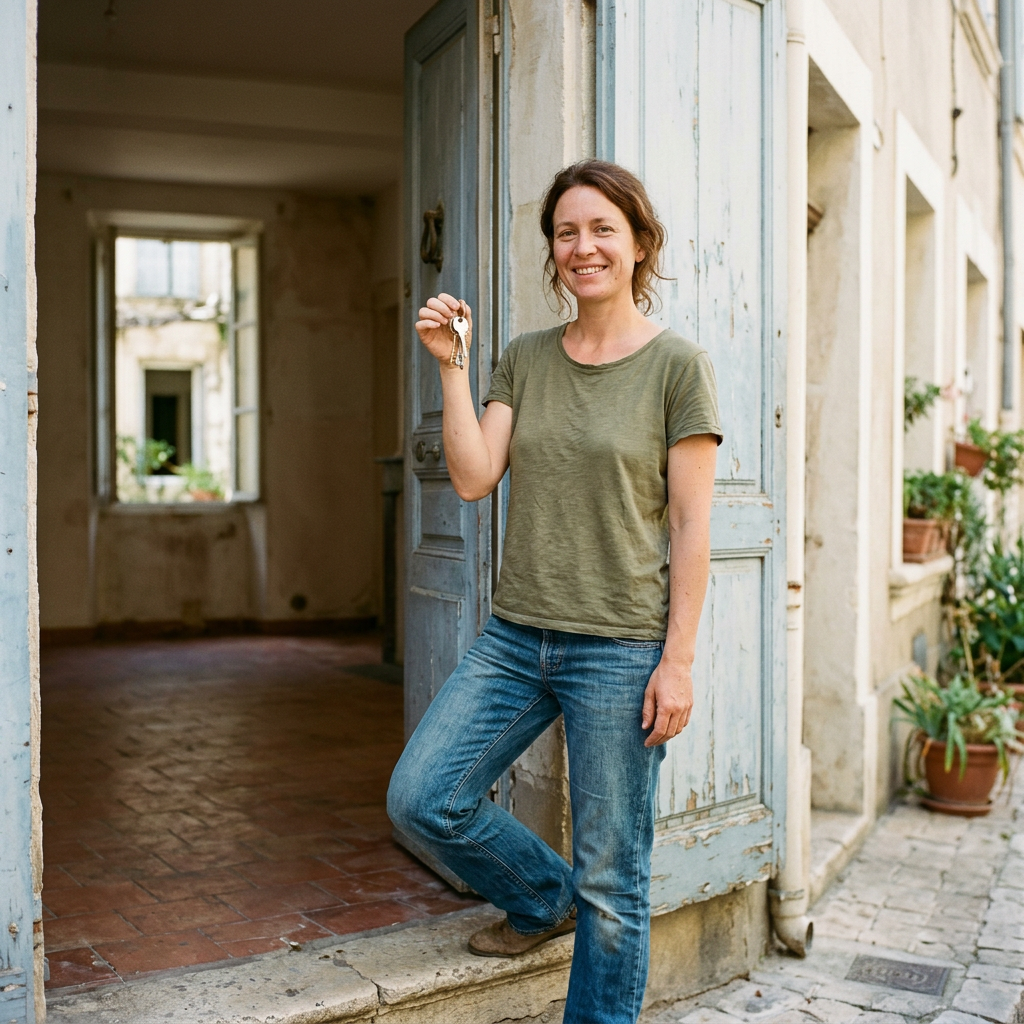 Femme souriante tenant les clés de son nouvel appartement