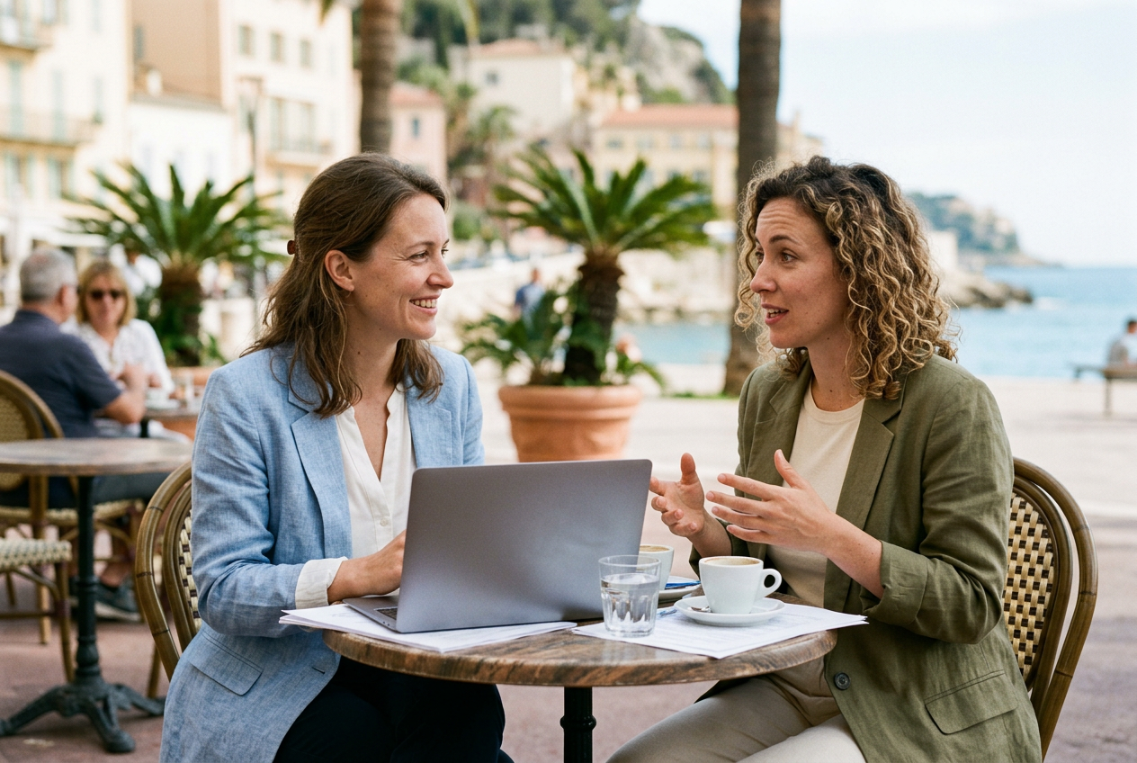 Deux femmes échangent autour d'un dossier à la terrasse d'un café