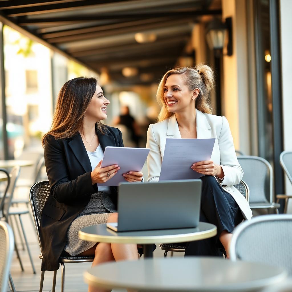 Deux femmes échangent autour d'un dossier à la terrasse d'un café