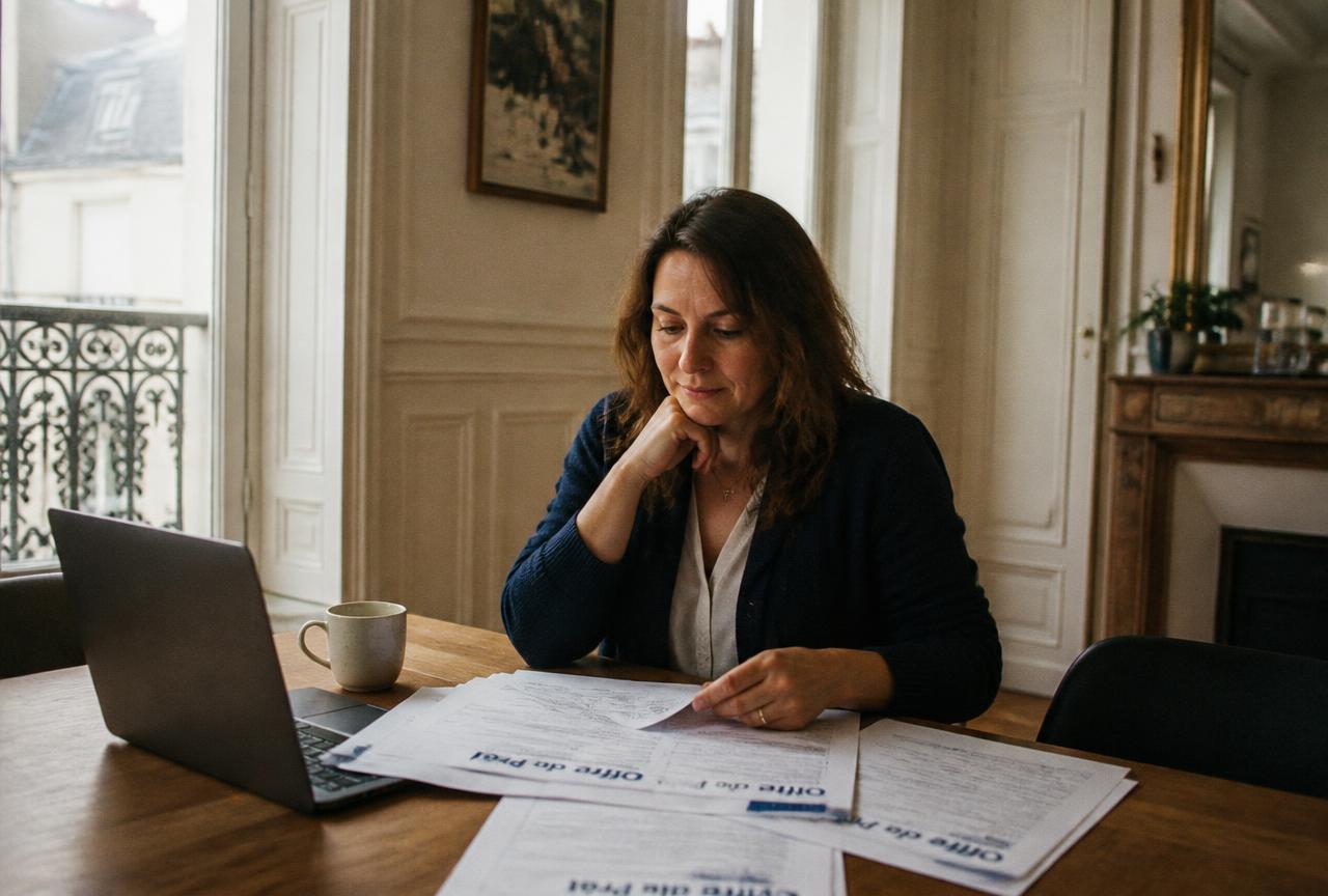 Femme relisant plusieurs offres de prêt immobilier sur une table en bois, lumière naturelle