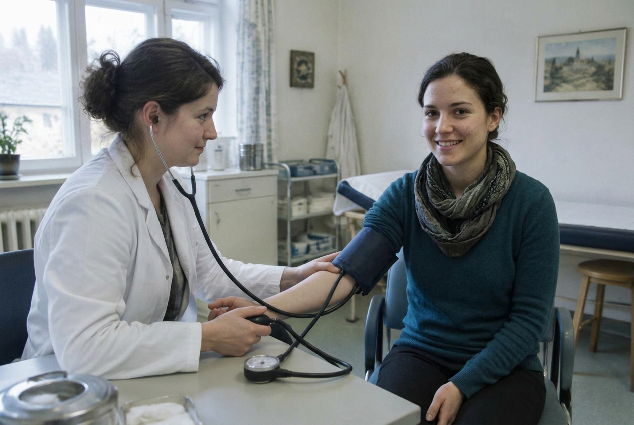 General practitioner taking the blood pressure of a smiling young patient during a check-up