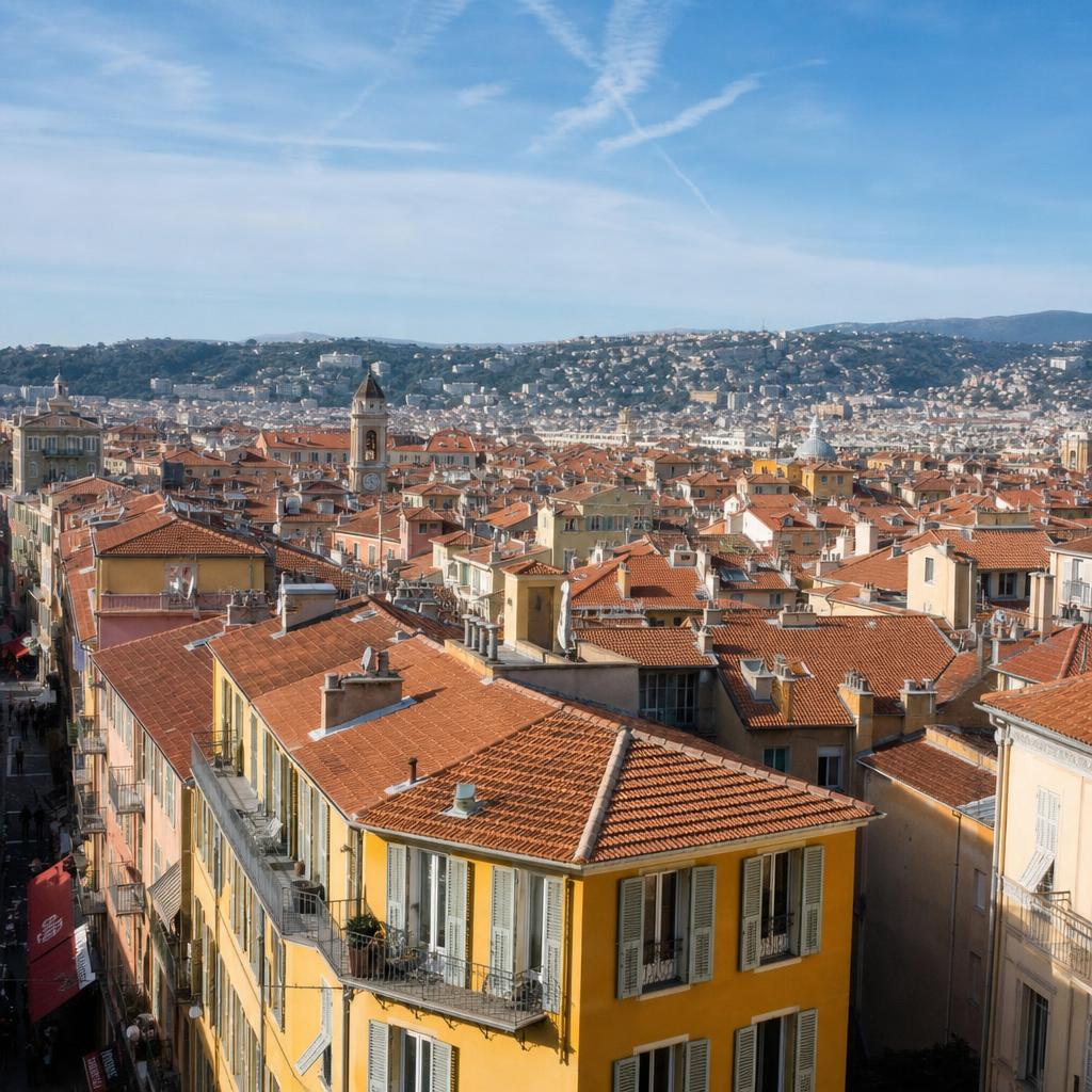 Toits ocre de Nice sous un ciel bleu azur, symbole d'un nouveau départ sur la Côte d'Azur
