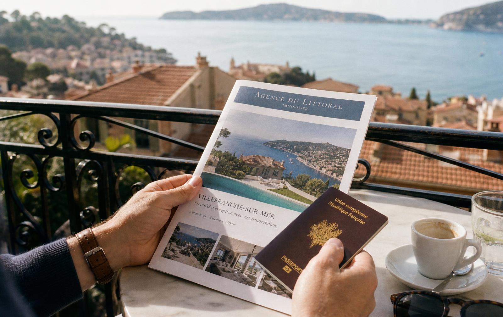 Mains tenant une brochure immobilière et un passeport face à la mer Méditerranée sur la Côte d'Azur