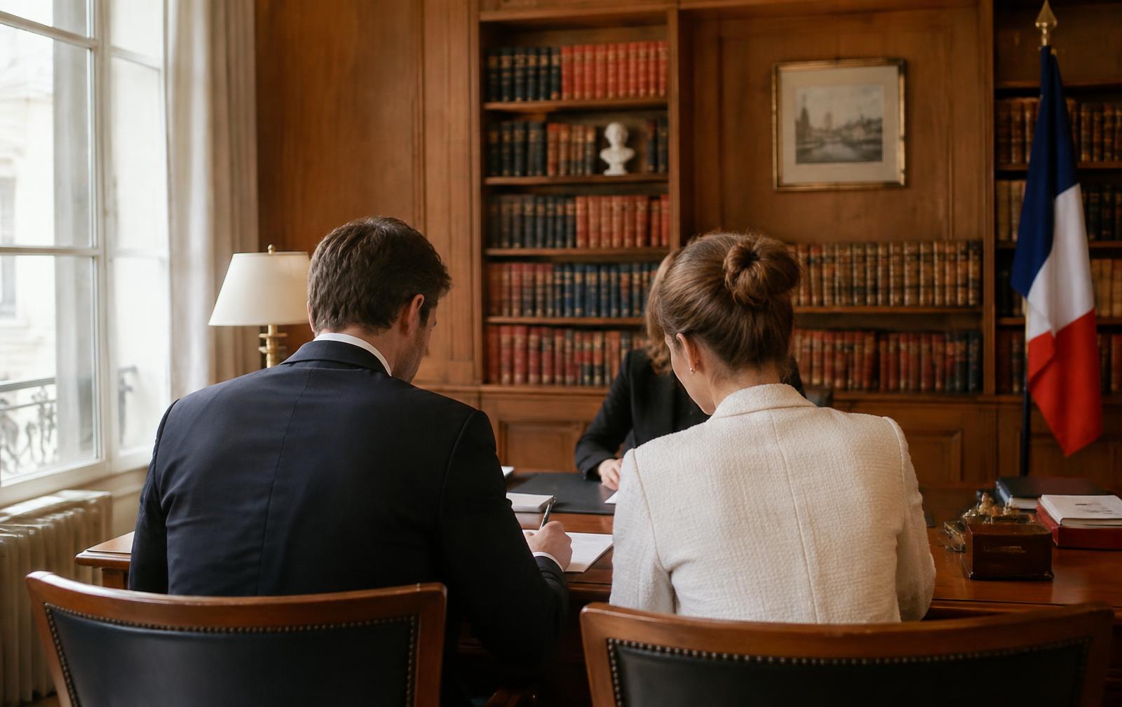 Buyers signing the final deed at a French notary's office