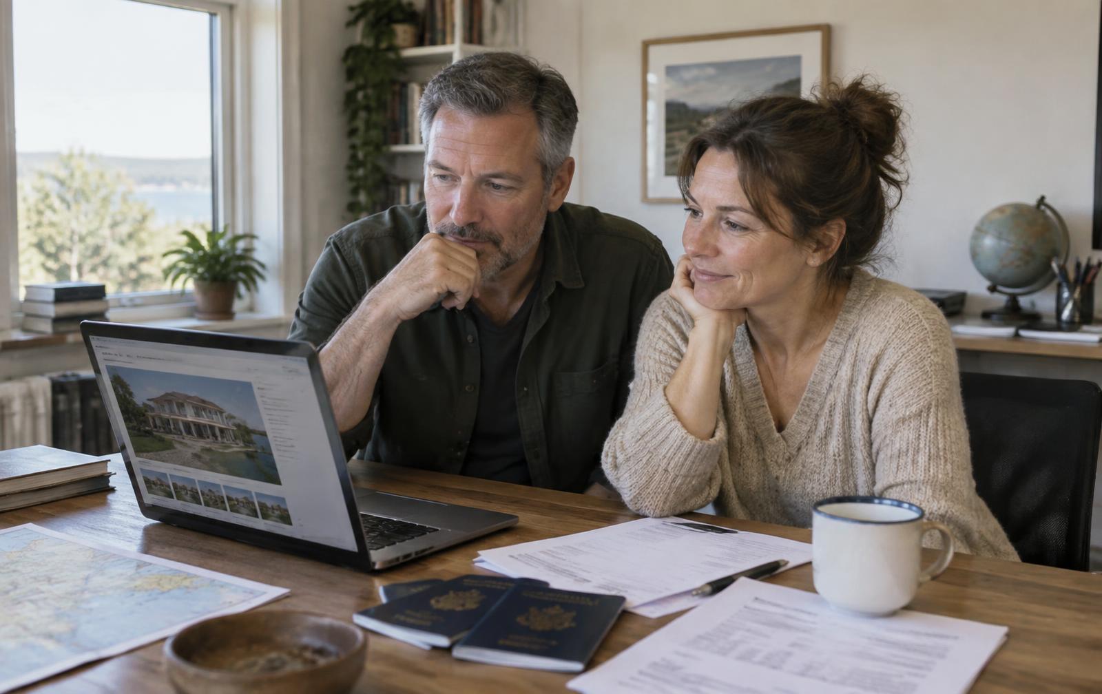 Couple at home reviewing a French property listing on a laptop with passports and bank statements on the desk