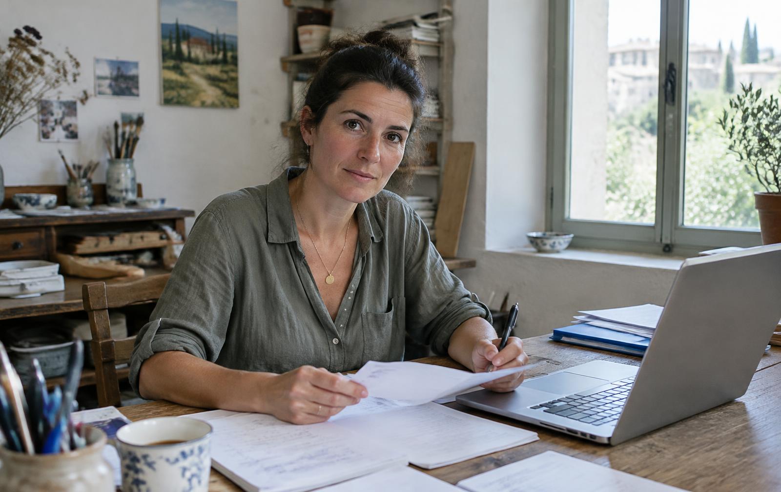 Travailleuse indépendante relisant ses documents comptables dans son atelier lumineux