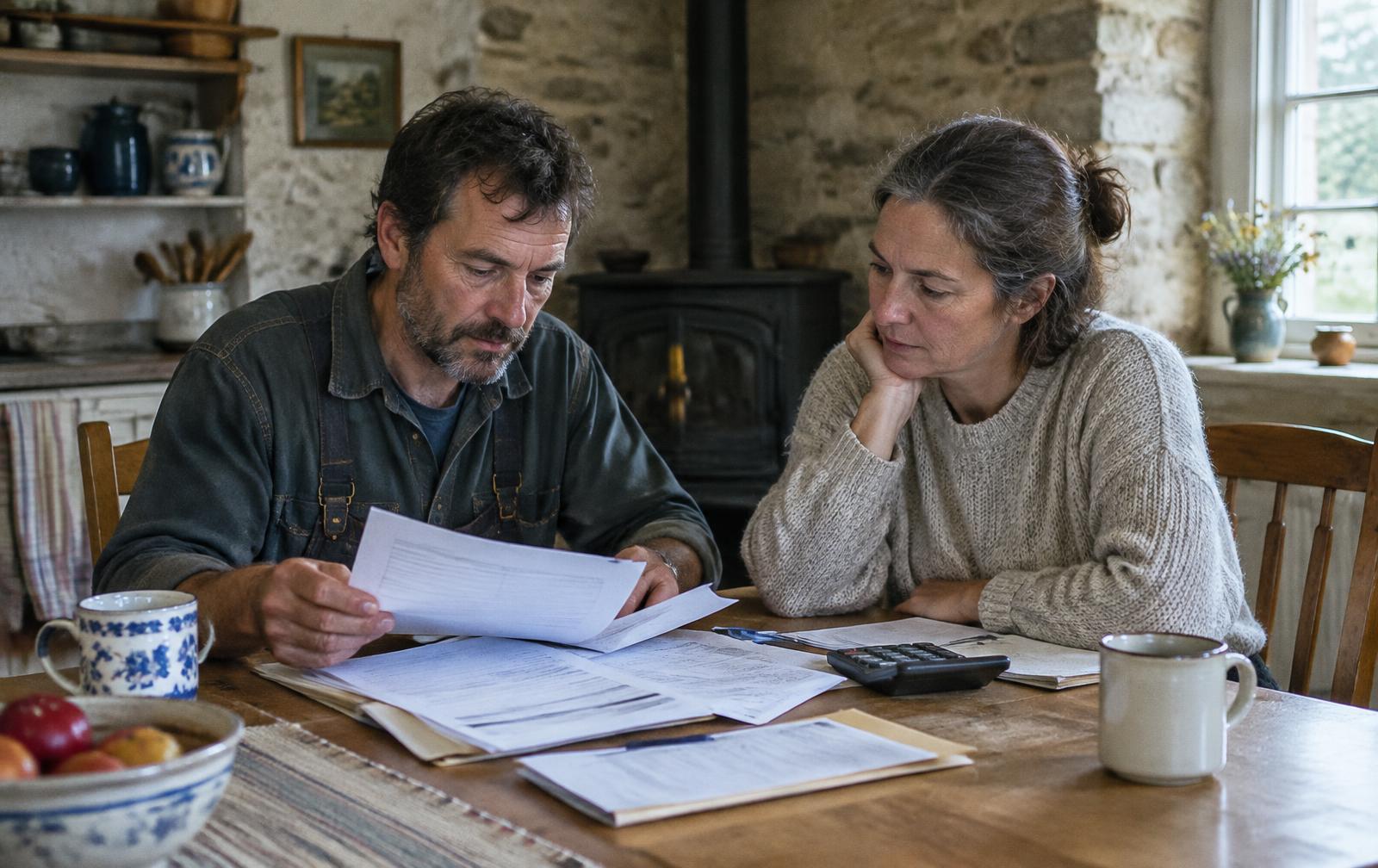 Artisan et sa compagne examinant leurs avis d'imposition et bilans à la table de la cuisine