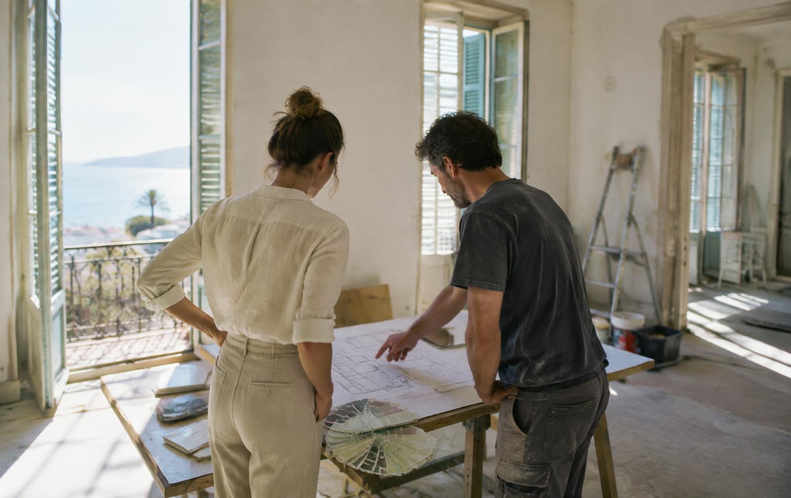 Acheteuse discutant des plans de rénovation avec un artisan dans un appartement lumineux en travaux