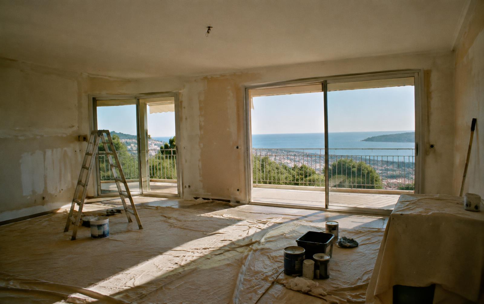 Appartement en cours de rénovation avec vue sur la mer, bâches de protection et échelle