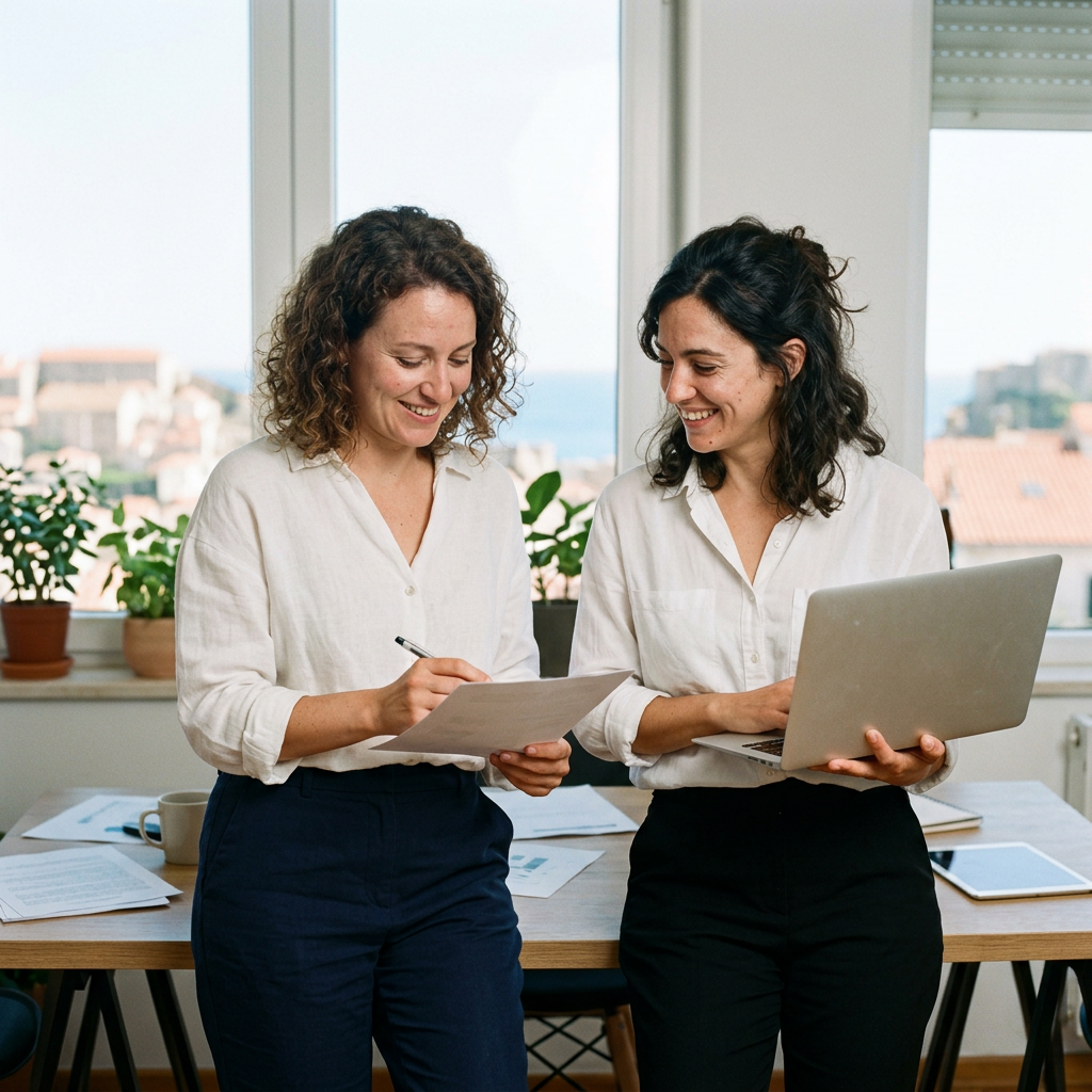 Deux femmes étudient ensemble la structuration d'une SCI à la lumière du jour
