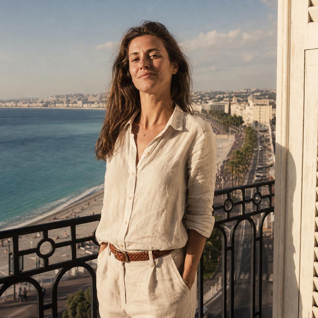 Une femme confiante sur un balcon ensoleillé de la Côte d'Azur, symbole de liberté et de timing personnel
