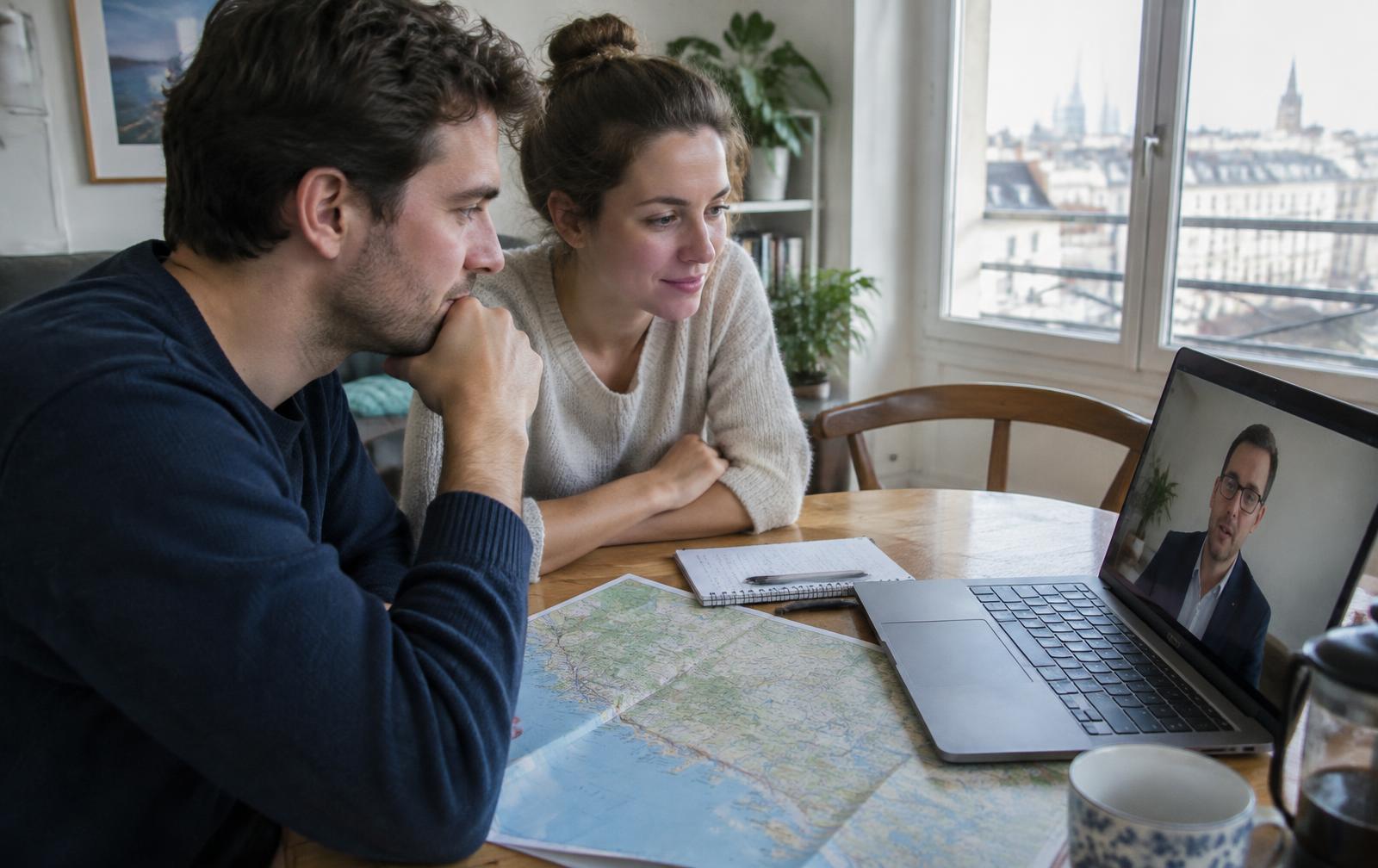 Young British couple on a video call with a French mortgage broker, a map of the French Riviera on the table