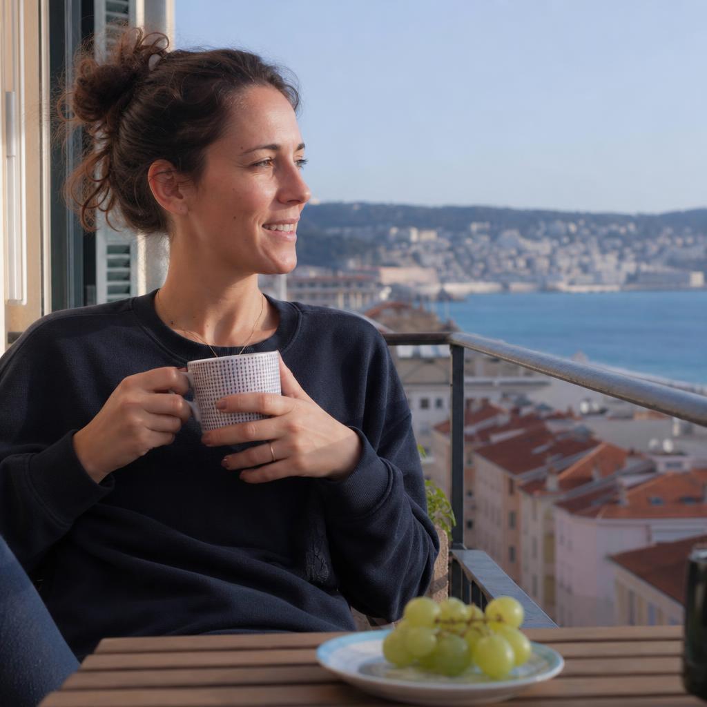Femme épanouie sur son balcon avec vue sur la Méditerranée, symbole d'un projet immobilier mûrement réfléchi