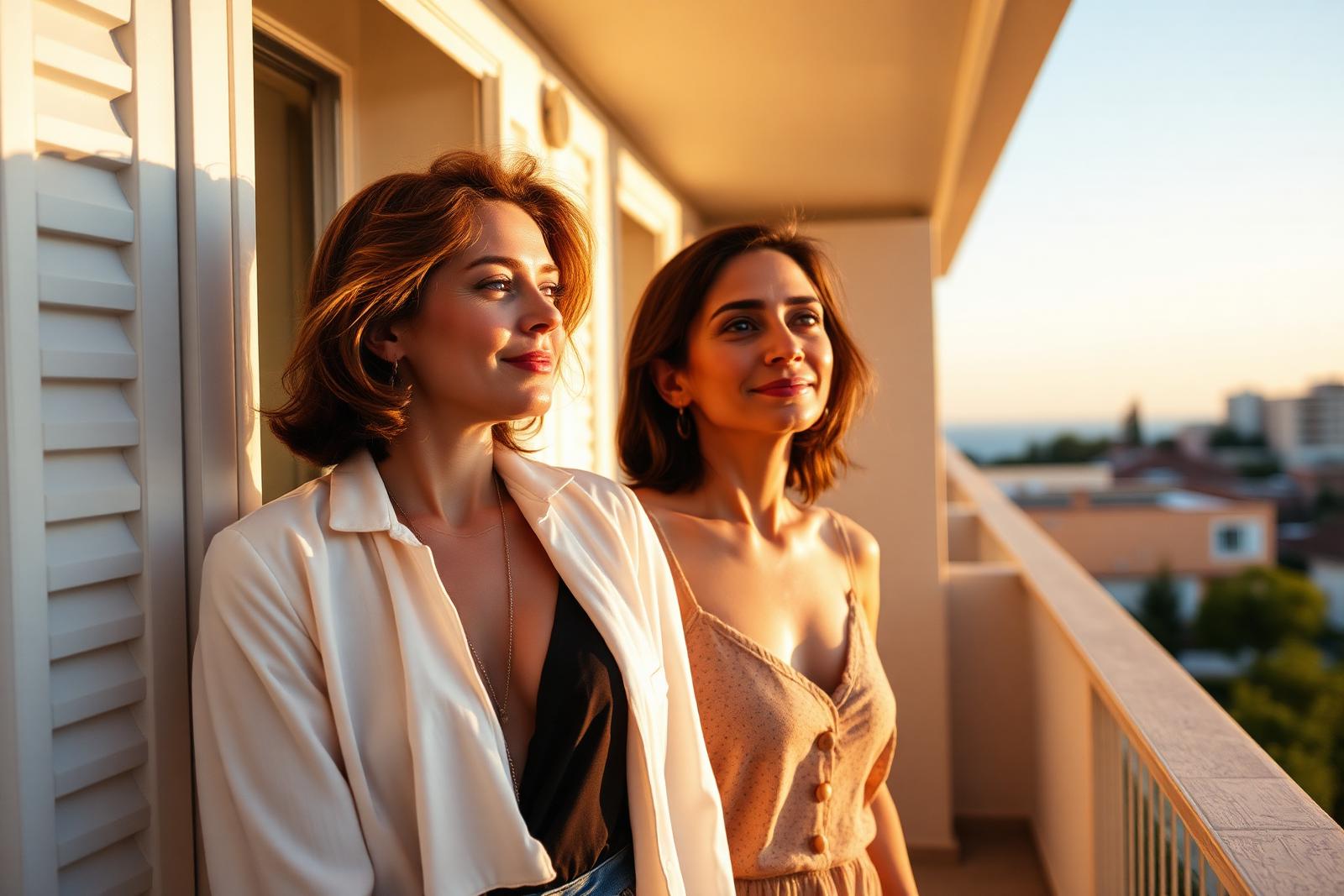 Femme rayonnante sur son balcon au soleil de la Méditerranée