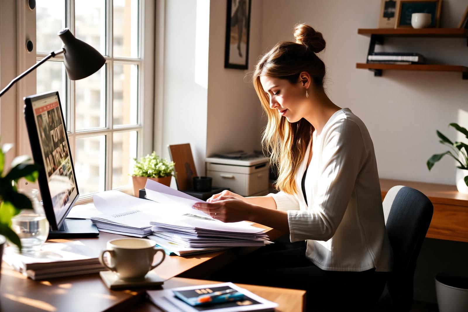 Femme étudiant des documents de succession à son bureau lumineux