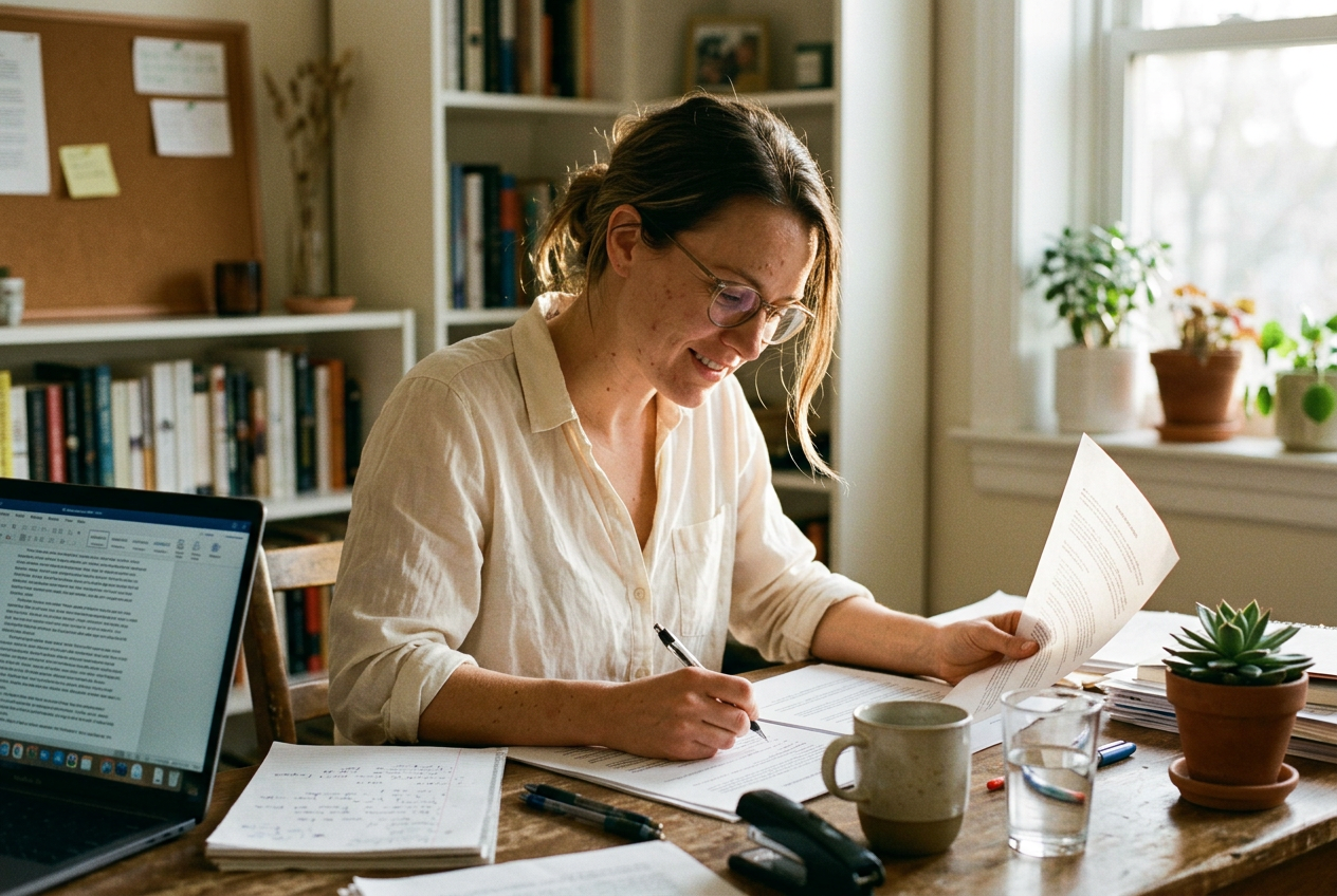 Femme étudiant des documents de succession à son bureau lumineux