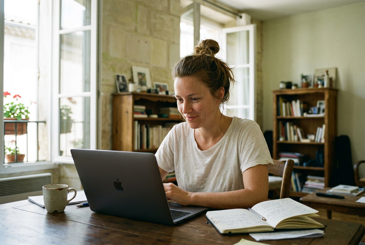 International buyer working on her laptop — buying property in France from abroad