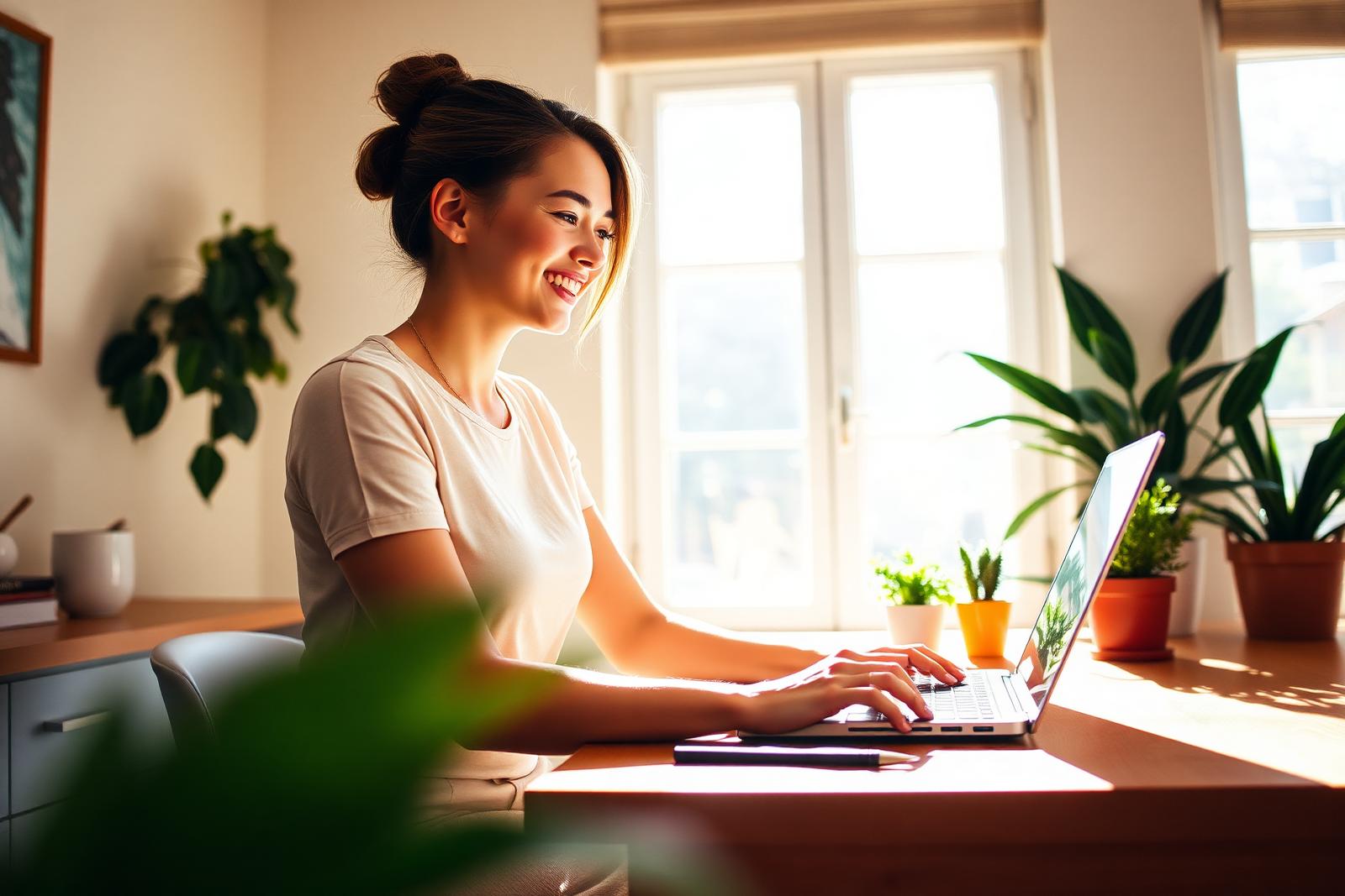 Femme souriante préparant son budget sur son ordinateur dans un intérieur lumineux