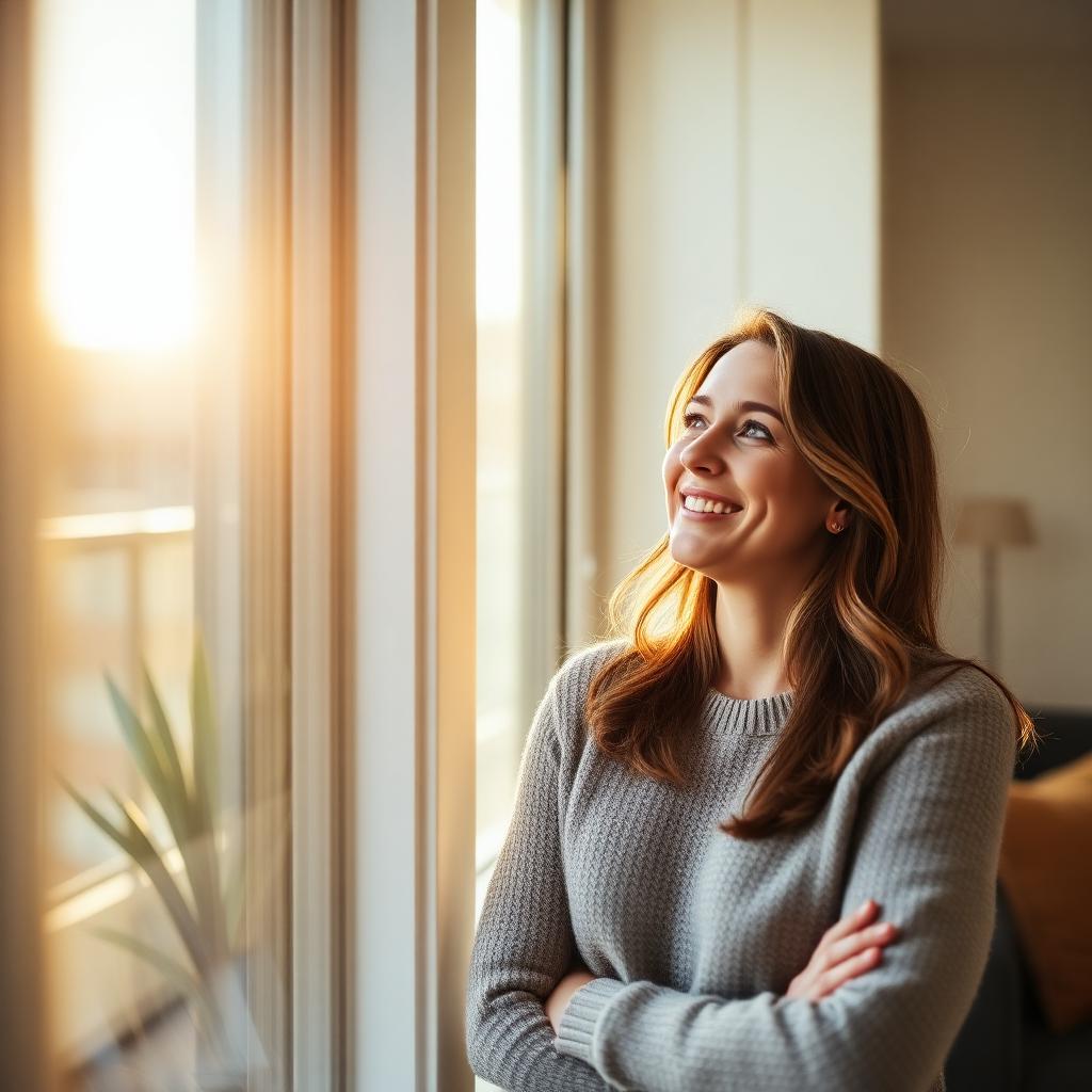 Femme rayonnante dans son appartement baigné de lumière