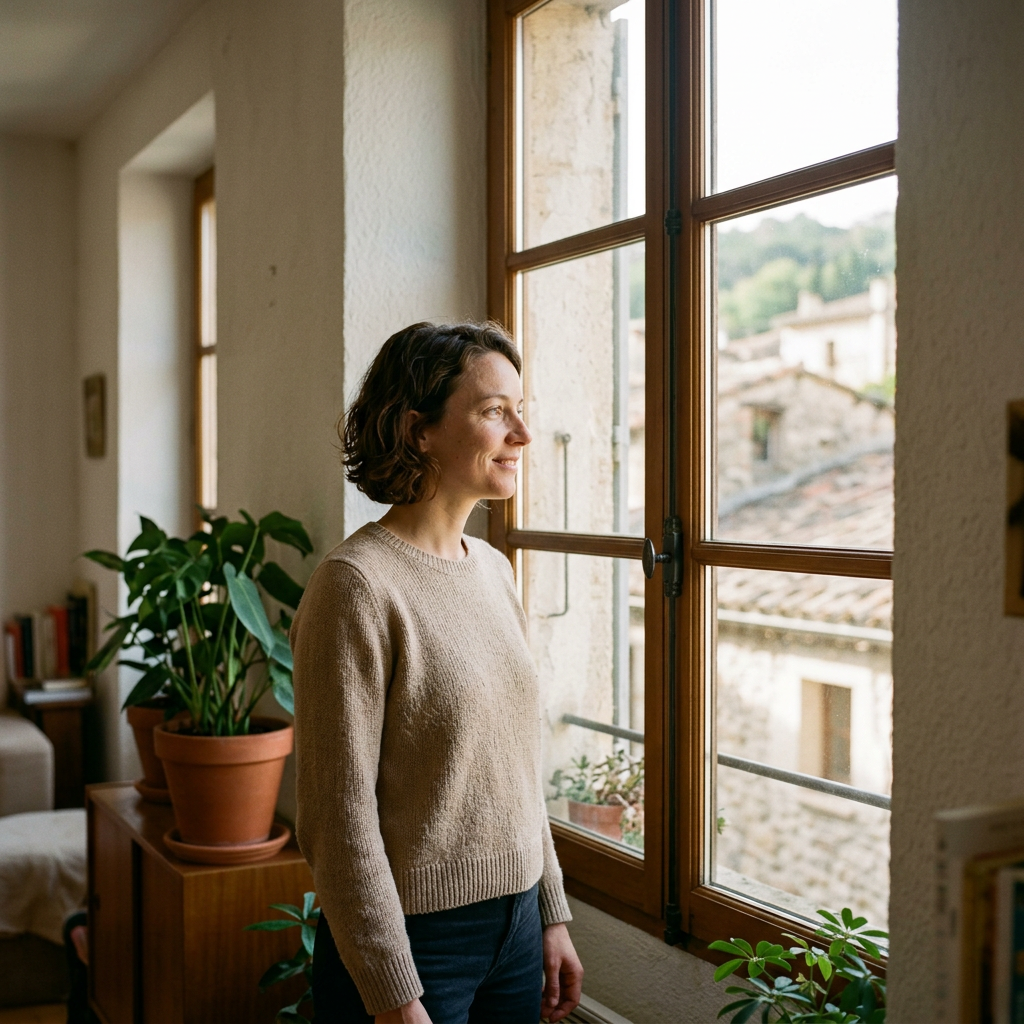 Femme rayonnante dans son appartement baigné de lumière
